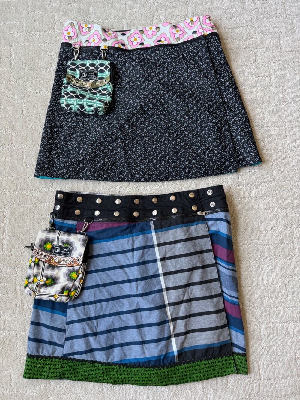 Lot of 2 ZAND Amsterdam Reversible Snap Wrap Skirt Bag Mixed Print Boho Wool